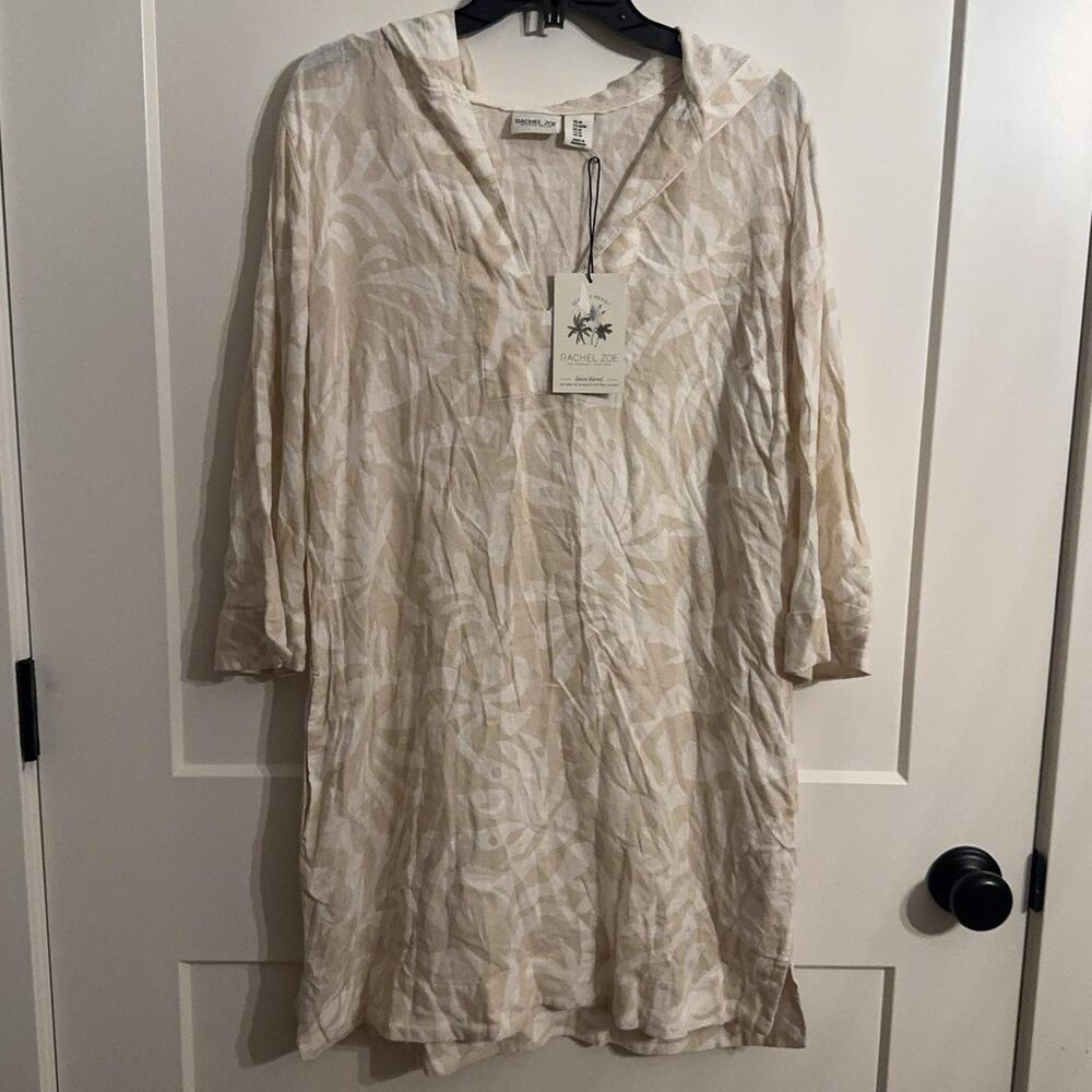 Rachel Zoe Cover Up Sz M Beige Linen Blend Hooded Tropical Leaf Print Beach Prep